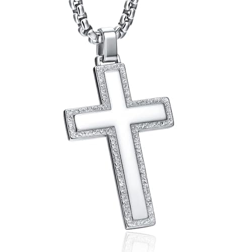 VIPV Cross Necklace for Men Gold Silver Stainless Steel Cross Pendant Necklace Chains for Mens Christians Gifts Charms Jewelry Box Chain Length 22-26 Inch - Image 1