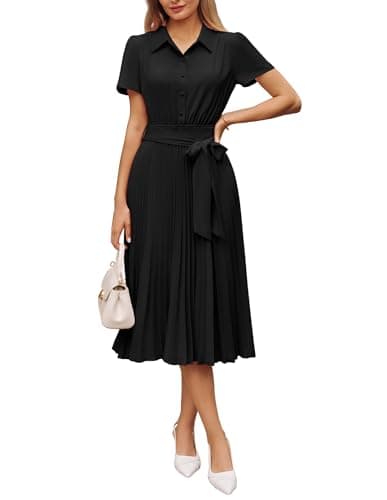 GRACE KARIN Women 2026 Summer Business Shirt Dress,Short Sleeve Collared Neck Button Midi Dresses,Pleated Casual Dresses Black XL - Image 1