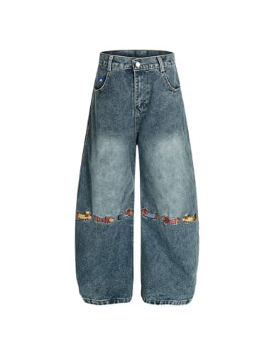 Aelfric Eden Dachshund Embroidery Baggy Barrel Jeans Wide Leg Y2K Denim Pants Straight Loose Jeans Streetwear Unisex Blue 28