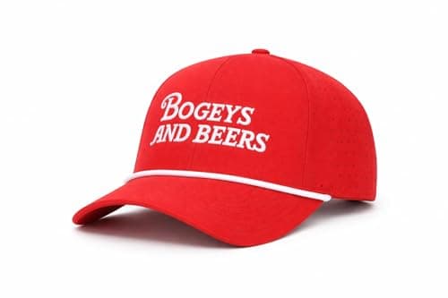 Bogeys and Beers Performance Golf Hat - Funny Golf Hat, Polyester/Spandex Blend, Adjustable Rope Snapback Cap - Breathable, Fitted for Men & Women - Red and White - Image 1