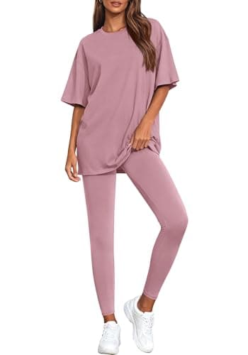 BTFBM Two Piece Lounge Set Women 2026 Spring Casual Oversized Shirts Leggings Matching Workout Airport Travel Outfits(Pink, XX-Large) - Image 1