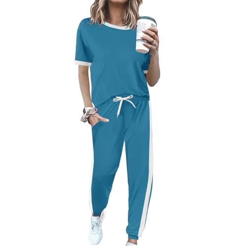 KBKBSN Women 2 Piece Outfits 2026 Summer Casual Sweatsuits Short Sleeve Top Lounge Sets Long Pants Tracksuits Set with Pocket Greyblue S - Image 1
