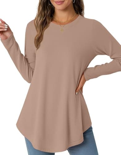 JUSTFASHIONNOW Womens Long Sleeve T Shirts Casual Crew Neck Dressy Basic Flowy Blouse Trendy Tunic Tops Loose Fit Fall Winter Outfits 2025 (Khaki, Large) - Image 1
