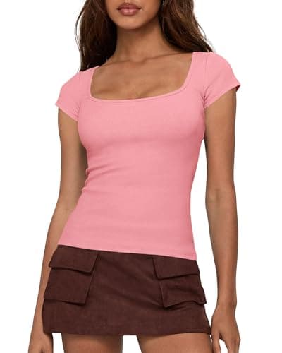 BTFBM Women Short Sleeve Tops Square Neck Ribbed Knit Basic Tee Shirt Y2K Casual Summer Clothes 2026 Spring Outfits(Pink, Large) - Image 1