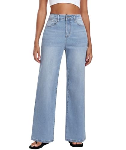 MARIASHA Jeans for Women New Flared Leg Stretch High Wasited Printed Pocket Pants Light Blue L - Image 1