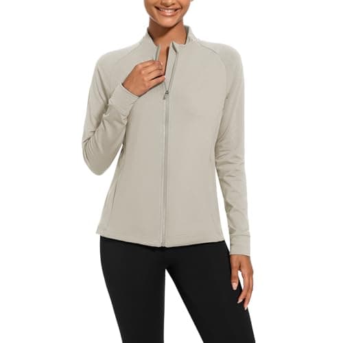 bpbtti Women's Polar Fleece Zip Up Workout Jackets with Pockets Slim Fit Cottony Soft Jacket for Running Athletic Yoga (Moon beam,Small) - Image 1