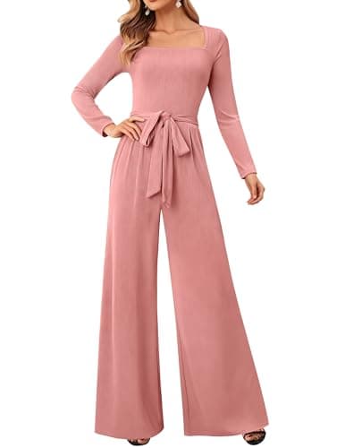 LOOKBOHO One Piece Jumpsuits for Women Dressy Casual Square Neck Elegant Wedding Guest Jumpsuit Wide Leg Long Romper Dusty Pink M - Image 1