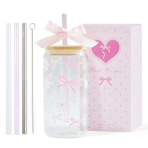 Celebloom Coquette Pink Bow Daisy Glass Cup with Lids and Straws, Girly Preppy Design Tumbler Mug, Birthday Valentines Christmas Gifts for Teen Girl Women Girlfriends, Teen Girl Gifts Trendy Stuff - Image 1