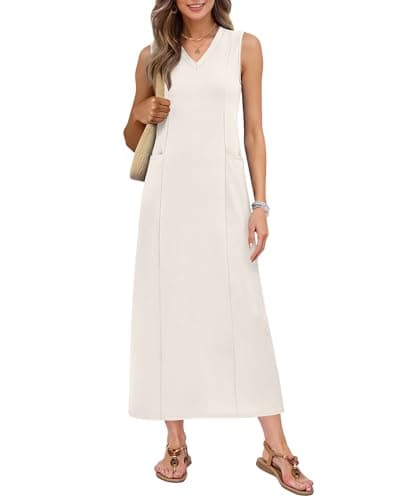 MISFAY Sleeveless Summer Maxi Dresses for Women 2026 Elegant Classy Semi Formal A Line Modest Party Dress with Pockets(Beige,S) - Image 1