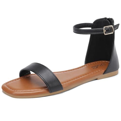 katliu Women's Ankle Strap Flat Sandals One Band Dressy Sandals Square Open Toe Sandals for Summer with Back Zipper Black 8.5 - Image 1