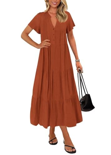 KIRUNDO Summer Maxi Dresses for Women 2026 Spring Fashion Short Sleeve Button V Neck Pleated Loose Tiered Swing Flowy Dress(Rust Red, X-Large) - Image 1