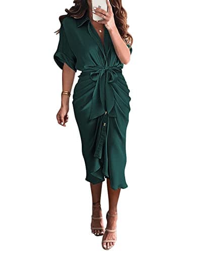 BTFBM Dresses for Women Summer Button Short Sleeve Silk Satin Ruched Spring Maxi Dress 2026 Cocktail Party Wedding(Dark Green, X-Large) - Image 1