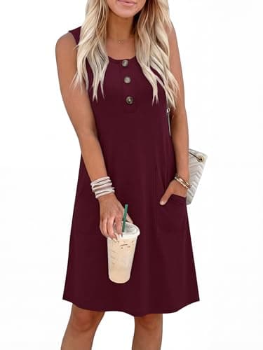 ANRABESS Women Summer Dresses 2026 Casual Sleeveless Button Down Mini Sundress Beach Loose Tank Dress Coverup with Pockets Burgundy X-Large - Image 1