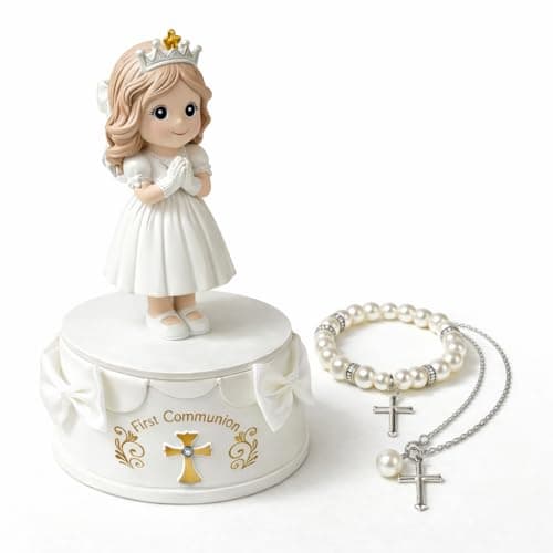 WANCHIY First Communion Gifts for Girls - 1st Holy Communion Gift with Prayerful Girl Figurine, Keepsake Box & Pearl Bracelet - Religious Keepsake Gift for Girls - Image 1