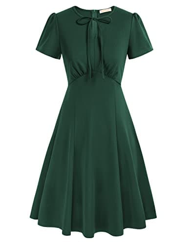 Women's Vintage A Line Swing Dress Tie Round Neck Work Dresses Tea Dress Dark Green - Image 1