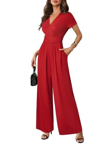 LOOKBOHO Women Jumpsuits 2026 Short Sleeve V Neck Rompers Waist High Waist Wide Leg Pants Dressy Casual One Piece Outfit Red XL - Image 1