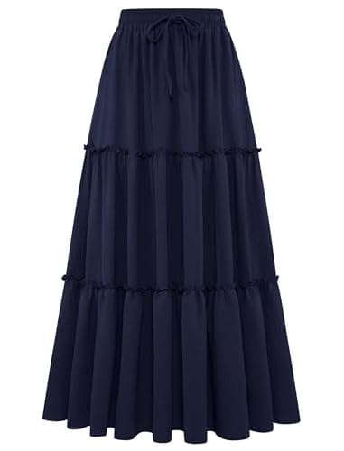 Arolina Women's Maxi Skirt Summer Casual Flowy Aline Long Skirts Trendy High Waisted Ruffle Midi Skirts for Beach Vacation S Navy Blue - Image 1