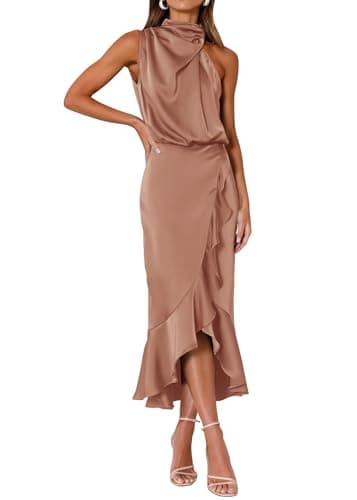 KIRUNDO Women 2026 Spring Summer Satin Mock Neck Wedding Guest Party Cocktail Midi Dress Sleeveless Wrap Ruffle Formal Dress(Champagne, Small) - Image 1
