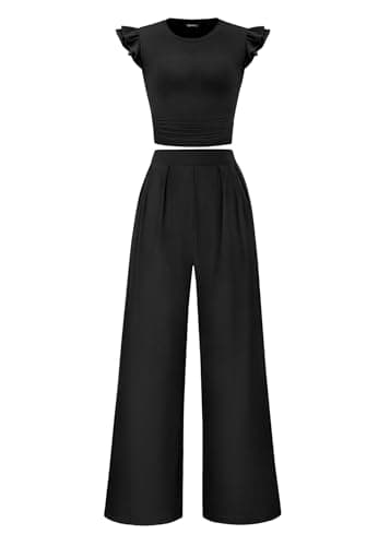 KIRUNDO Two Piece Sets For Women Summer 2026 Casual Cap Sleeve Cute Tops Wide Leg Pants Matching Set Travel Vacation Outfits(Black, X-Large) - Image 1