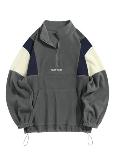 ZAFUL Men's Fluffy Polar Fleece Sweatshirt NEW YORK Embroidery Half Zip Unisex Hoodie Gray L - Image 1