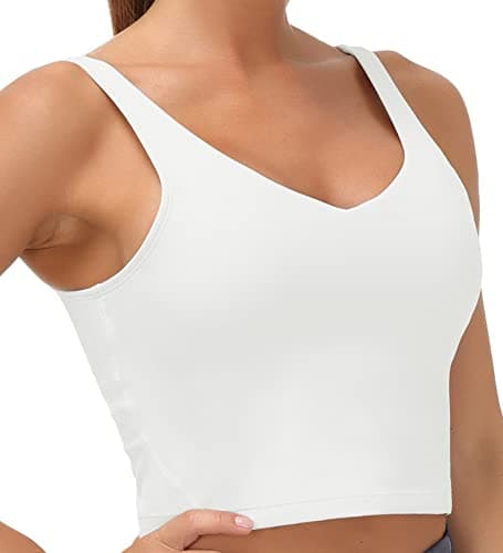 Women’s Longline Sports Bra Wirefree Padded Medium Support Yoga Bras Gym Running Workout Tank Tops (Off-White, Small, s) - Image 1