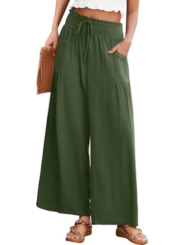 JUYUEO Womens Linen Summer Wide Leg Palazzo Pants High Waist Casual Loung Pant Beach Travel Vacation Harem Pants with Pockets Army Green - Image 1