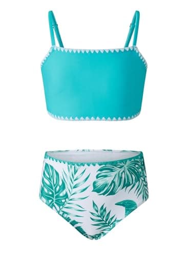 blibean Tween Girls Swimsuit Teen Two Piece Bathing Suit Big Kids Hawaiian Bikini Sets Junior High Waist Swimwear Floral Boho Swimming Suits Beach Traje Baño Niñas Size 14 15 16 Year Old Turquoise - Image 1