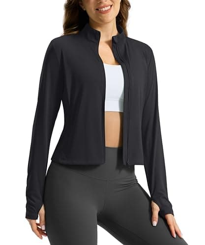 Soothfeel Women's UPF 50+ Sun Protection Athletic Jacket Lightweight Crop Zip Up Long Sleeve SPF Shirts Hiking Workout Pocket Black M - Image 1