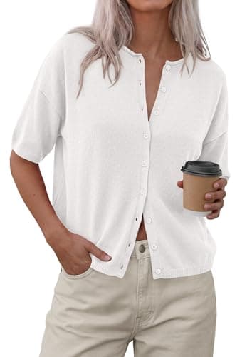 PRETTYGARDEN Women Spring Short Sleeve Cardigan Sweaters Button Down Knit Shirt Blouse Dressy Casual Tops 2026 Summer Outfits (White,Medium) - Image 1