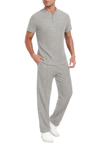 PrinStory Men's Short Sleeve Outfits Waffle Knit Henley Shirt and Pants Set Casual 2 Pieces Summer Tracksuits with Pockets Light Gray-M - Image 1