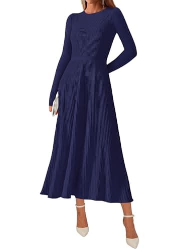 KIRUNDO Women Sweater Dress Holiday Ribbed Knit Long Sleeve Slimming Maxi Dress Fall Pleated Elegant A Line Winter Dresses(Navy, Large) - Image 1