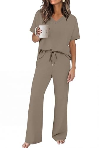Sampeel Vacation Outfits for Women Oversized V Neck Cuff Sleeve Tops Long Wide Leg Pants Two Piece Sets Casual Comfy Loungewear Workout Sets Travel Airport Resort Wear Coffee XL - Image 1