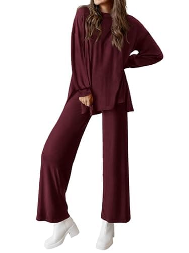 PRETTYGARDEN Womens Casual Spring Lounge Sets Long Sleeve Tops Wide Leg Long Pants Crewneck Two Piece Outfits Matching Set(Wine Red,Small) - Image 1