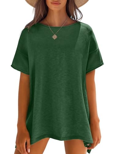 Caracilia Women Summer Lightweight Sweater Top Oversized Short Sleeve Drop Shoulder Seams Outside Casual T-Shirts Trendy 2026 Green Small - Image 1