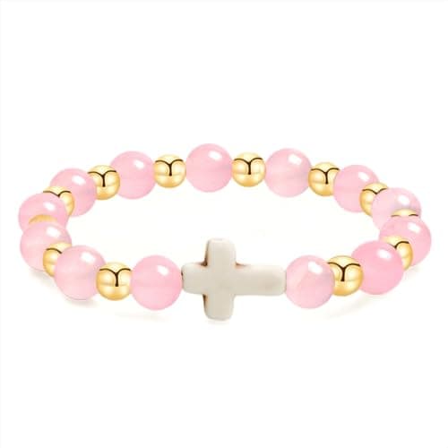 8MM Rose Quartz Bracelet with 18K Gold Beads & Cross - Attract Love, Enhance Harmony & Self - Worth, Handmade Healing Jewelry