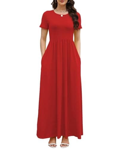 COSSEN Women’s Crewneck Short Sleeve Maxi Dress Red Medium with Pockets – Casual Loose Swing Sundress for Wedding Guest, Beach & Vacation - Image 1