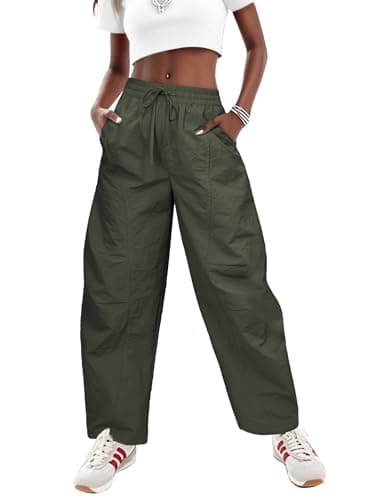 LOOKBOHO Women's Parachute Cargo Pants Summer High Waist Wide Leg Baggy Casual Drawstring Lightweight Hiking Trouser Streetwear with Pockets Green Small - Image 1