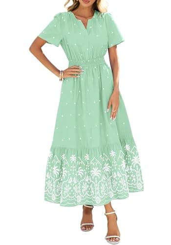 BTFBM Womens Summer Dresses 2026 Casual Short Sleeve Elastic Waist Flowy Beach Vacation Floral Boho Maxi Dress Pockets (Grey Green White Flower, Large) - Image 1