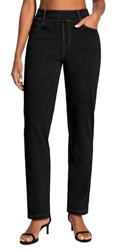 IUGA Straight Leg Jeans for Women Stretchy Pull On Sweatpant Jeans Women High Waisted Bootcut Jean Trendy Denim Pants Black - Image 1