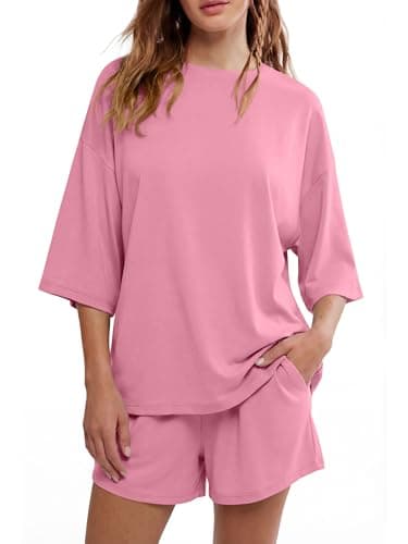 ANRABESS Womens Pajama Sets 3/4 Sleeve Oversized Tops and Elastic Waist Shorts Lounge Sets Loungewear Pink X-Large - Image 1