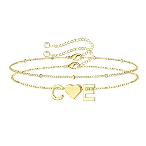 Turandoss 2 Initial Bracelets for Women – Dainty Heart Double Letter CE Design, 14K-Gold-Plated Layered Jewelry, Elegant Bracelets for Women, Birthday Gifts - Image 1