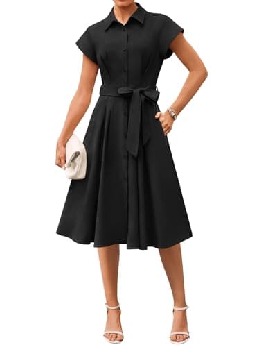 GRACE KARIN Womens Short Sleeve Shirt Dresses 2026 Summer Midi Button Down Dress Work Business Casual Dress with Pockets Black 2XL - Image 1