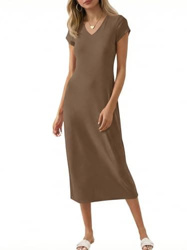 Wenrine Womens Short Sleeve T-Shirt Dress Summer V Neck Basic Solid Casual Long Midi Dresses Coffee - Image 1