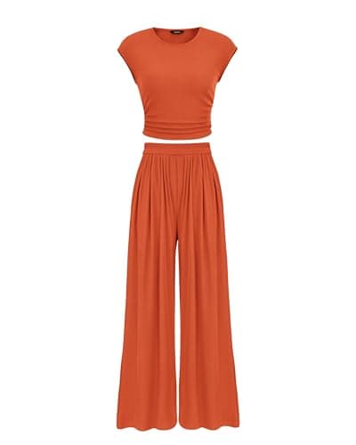 PRETTYGARDEN 2 Piece Outfits For Women Summer Cap Sleeve Crop Shirts Wide Leg Pant Sets Stretchy Rib Knit Lounge Sets(Orange,X-Large) - Image 1