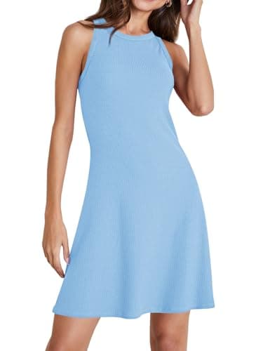 Wenrine Womens Summer Casual Tank Dress Ribbed Knit Sleeveless Crewneck A Line Mini Dresses Sky Blue - Image 1
