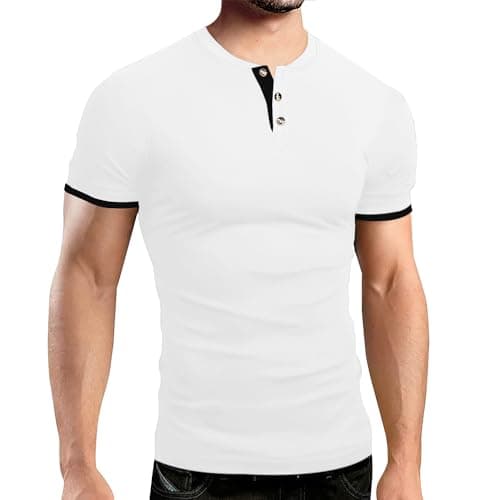 Gnvviwl Men's Casual Stretchy Henley Shirts Short Sleeve Fitted T Shirt Soft Stylish Tee Tops White - Image 1