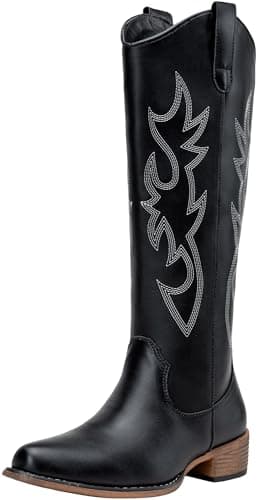 Jeossy Women's Black Cowboy Boots Embroided Western Cowgirl Boots Round Toe Knee High Pull on Wide Calf Shoes with Inside Zipper Size 6 (DJY9809 black 06) - Image 1