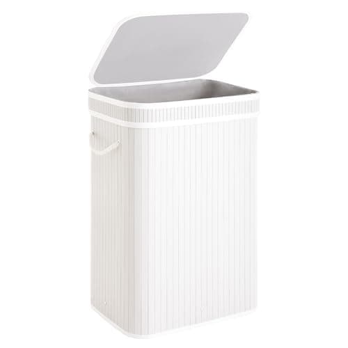 StorageWorks Laundry Hamper with Lid, Foldable Bamboo Laundry Basket, Clothes Hamper with Handles, Organizer and Storage for Laundry Room, Bedroom, Dorm, White - Image 1