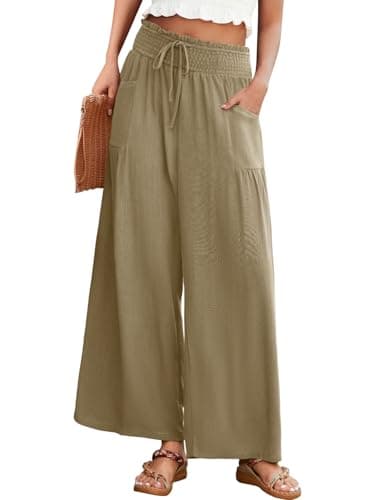 JUYUEO Womens Linen Summer Wide Leg Palazzo Pants High Waist Casual Loung Pant Beach Travel Vacation Harem Pants with Pockets Khaki - Image 1