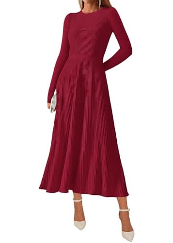 KIRUNDO Women Sweater Dress Holiday Ribbed Knit Long Sleeve Slimming Maxi Dress Fall Pleated Elegant A Line Winter Dresses(Burgundy, Small) - Image 1